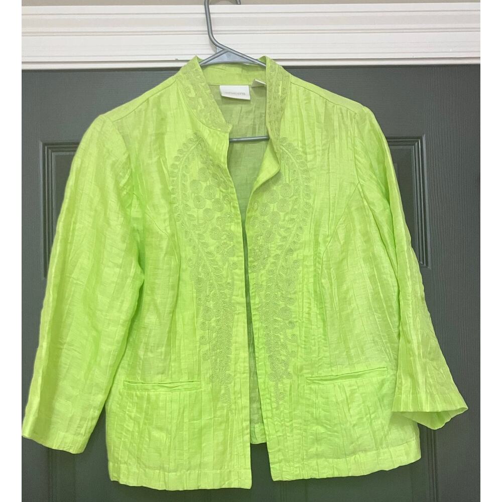 Chico's Sz 1 Green Linen Blend‎ OPEN FRONT Cardigan 3/4 Sleeve EMBROIDERED